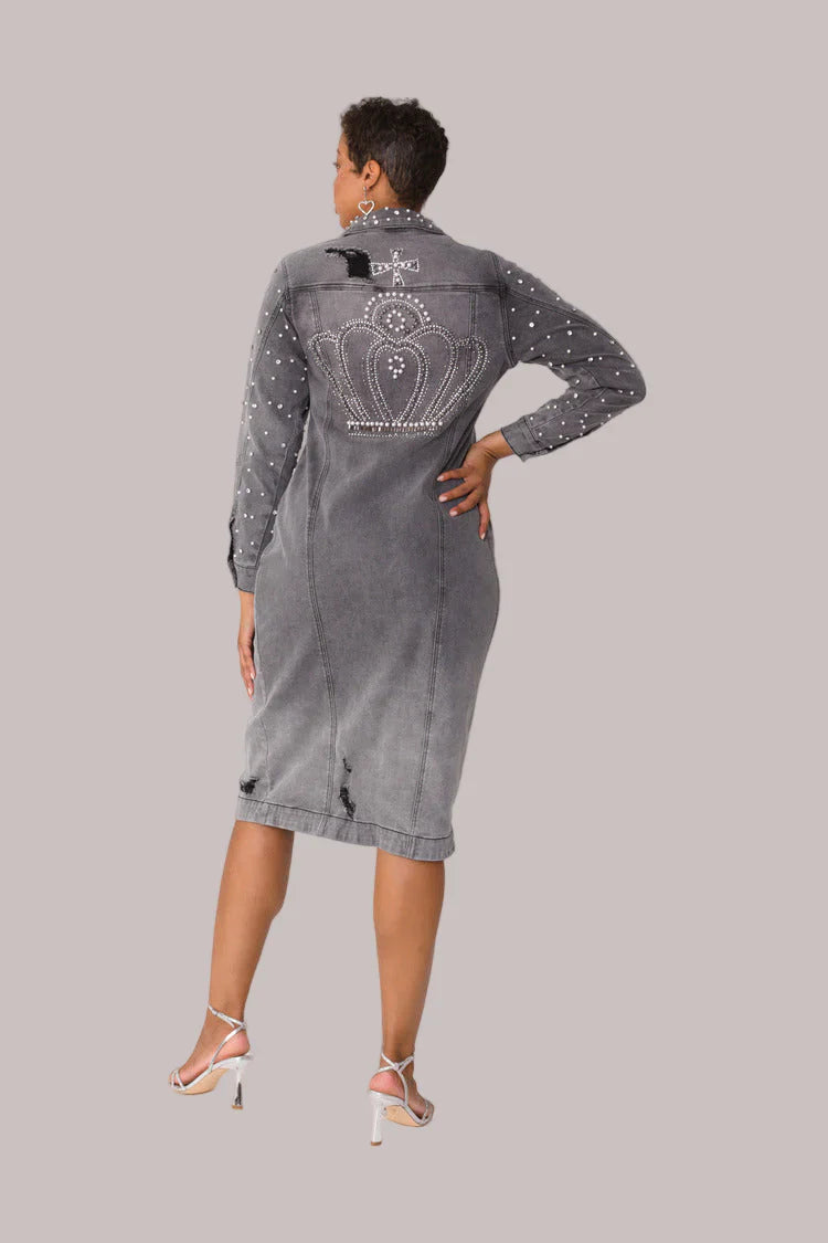 HER Pearl Embellished Grey Denim Midi Dress