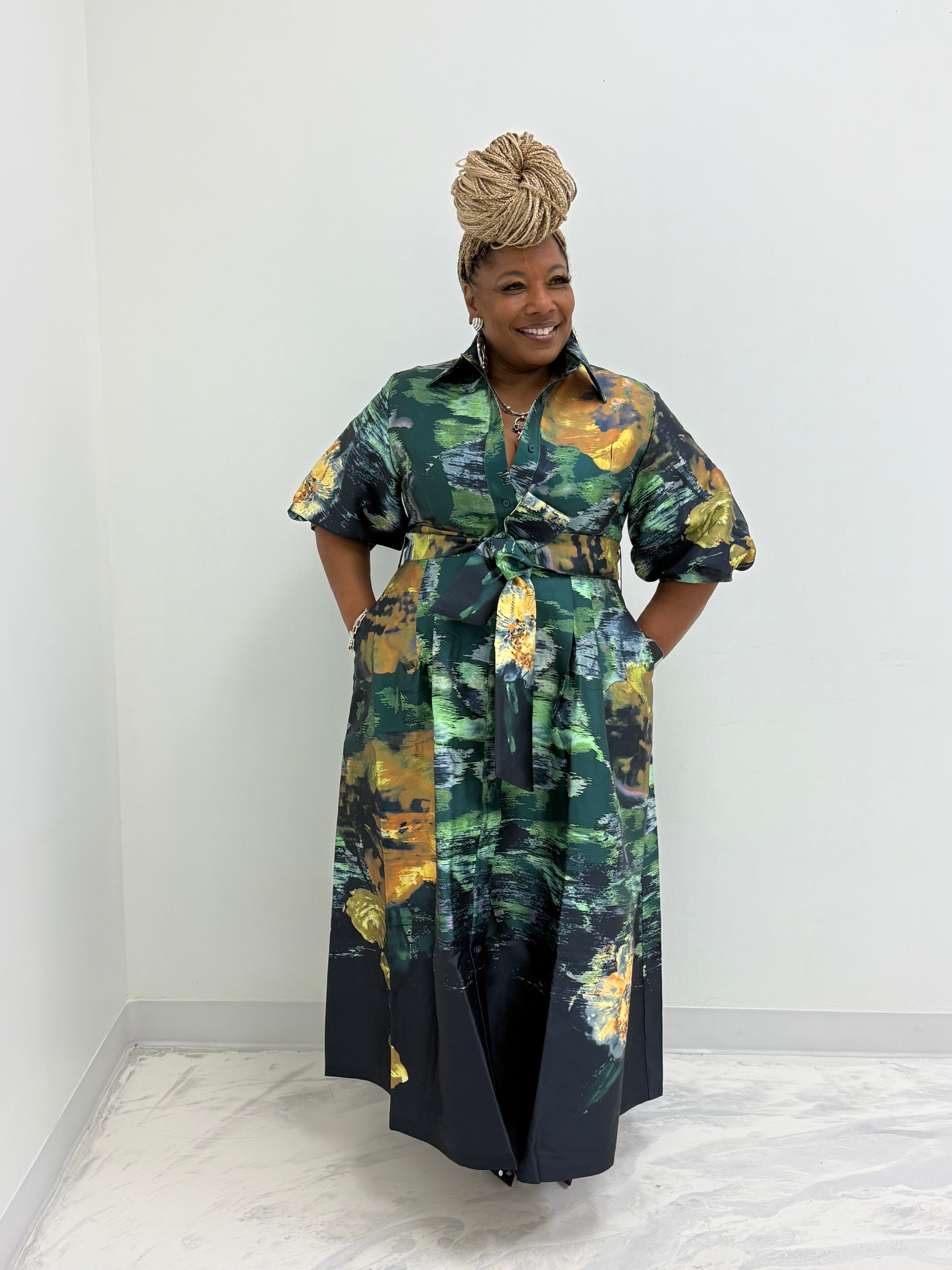 HER Green & Gold Button Down Midi Dress