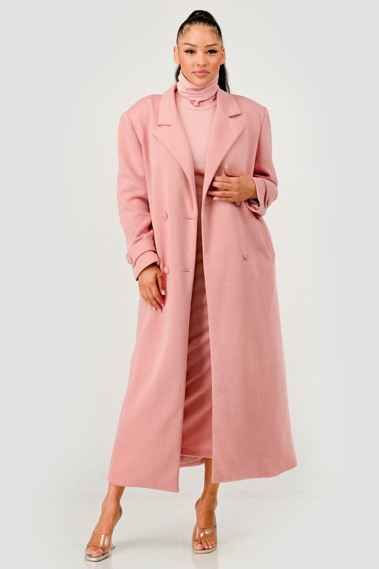 Pink Maxi Coat and Sleeveless Turtleneck Dress Set