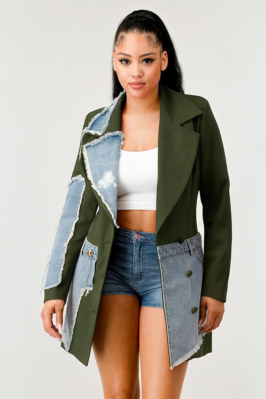 HER Green Blazer with Denim Accent