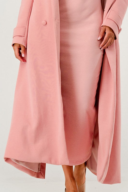 Pink Maxi Coat and Sleeveless Turtleneck Dress Set