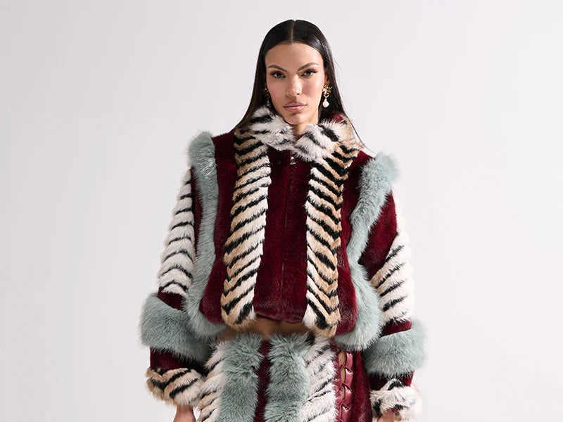 HER Burgundy Multi Color Faux Fur Jacket