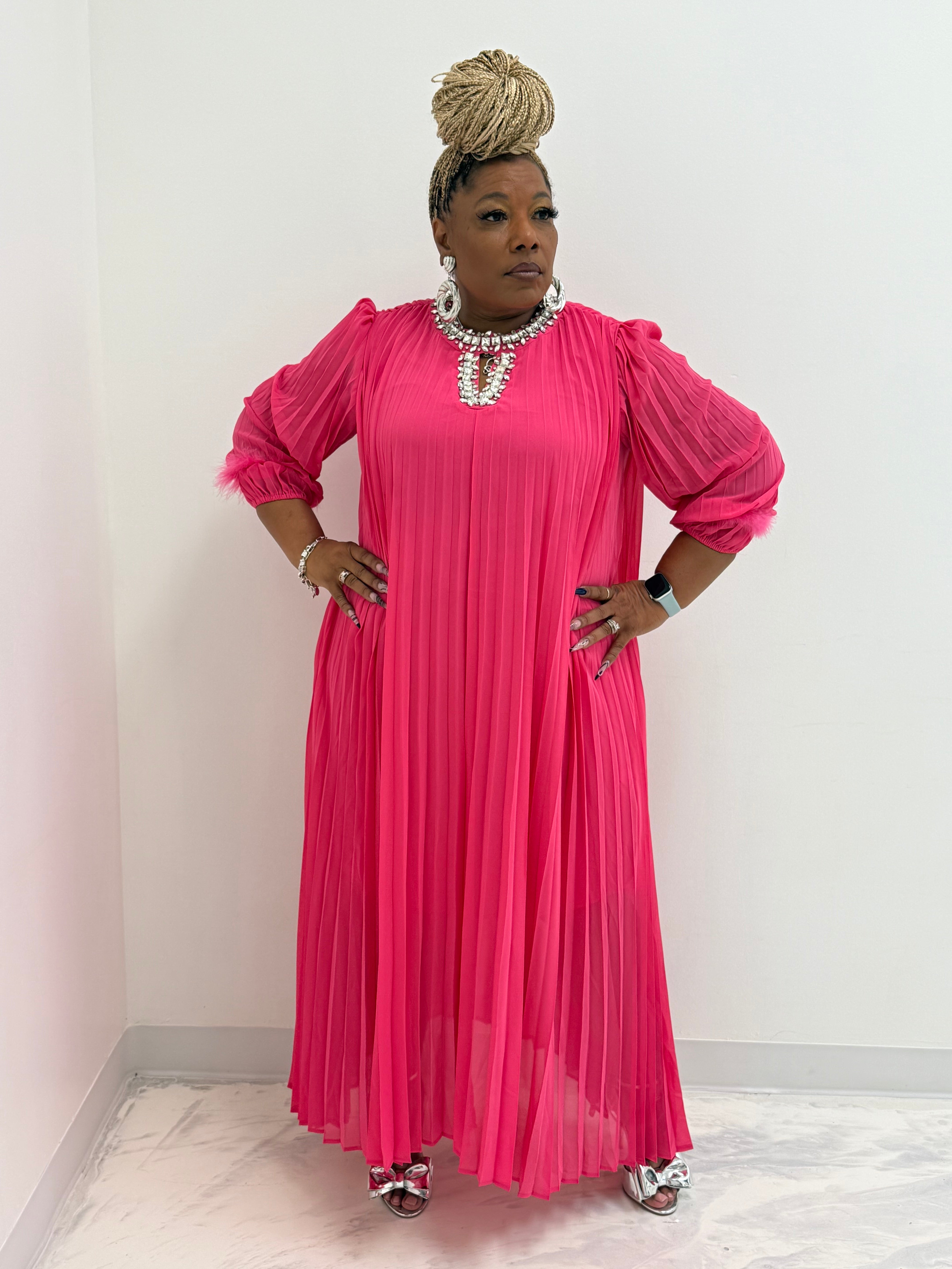 HER Pink Bling Collar Pleated Dress