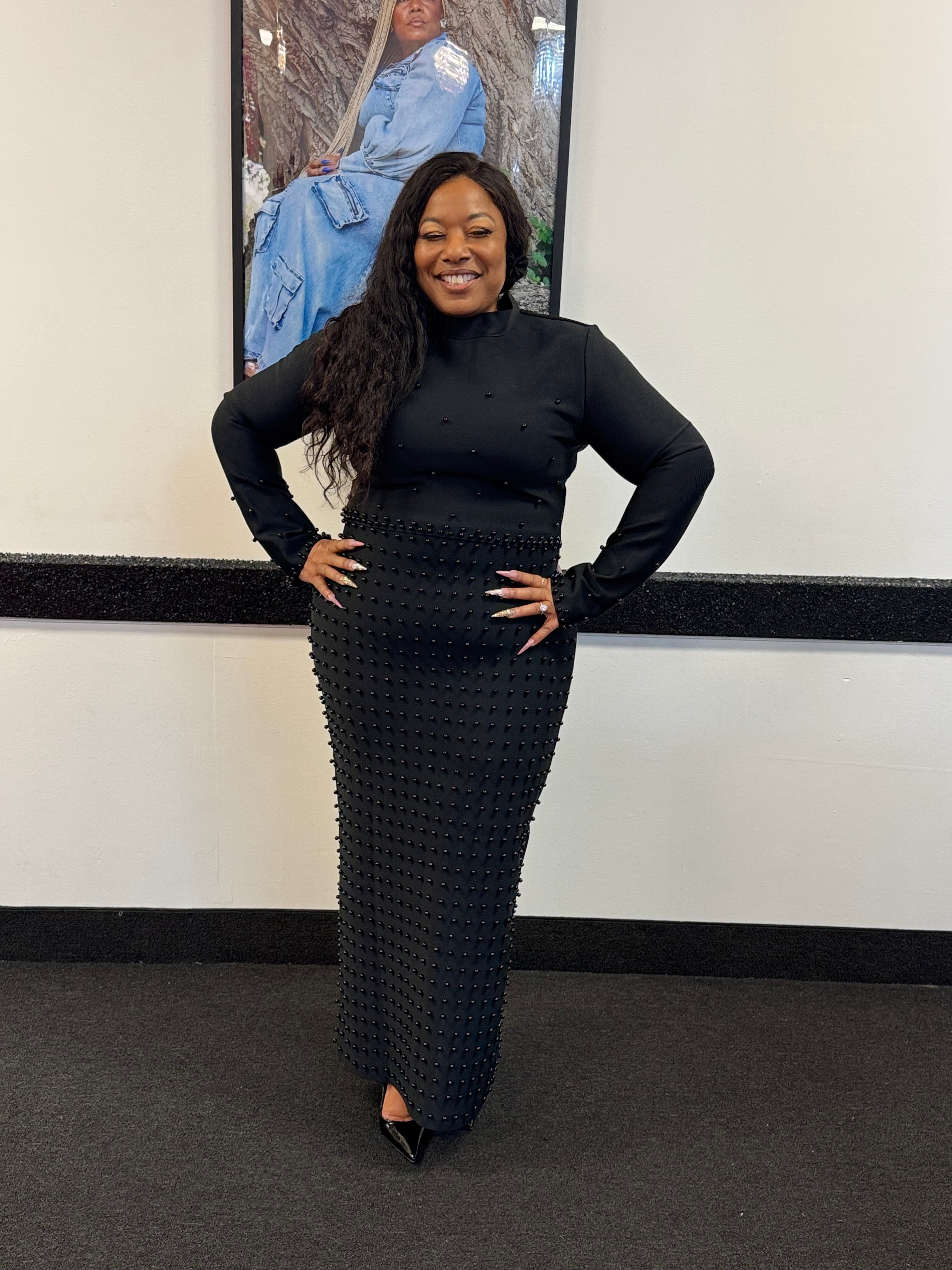 HER All Black Long Beaded Bandage Skirt Set