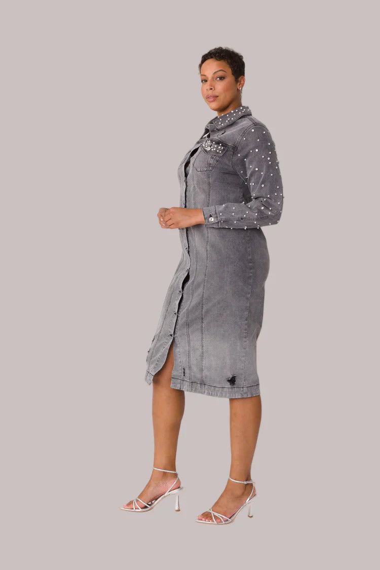 HER Pearl Embellished Grey Denim Midi Dress