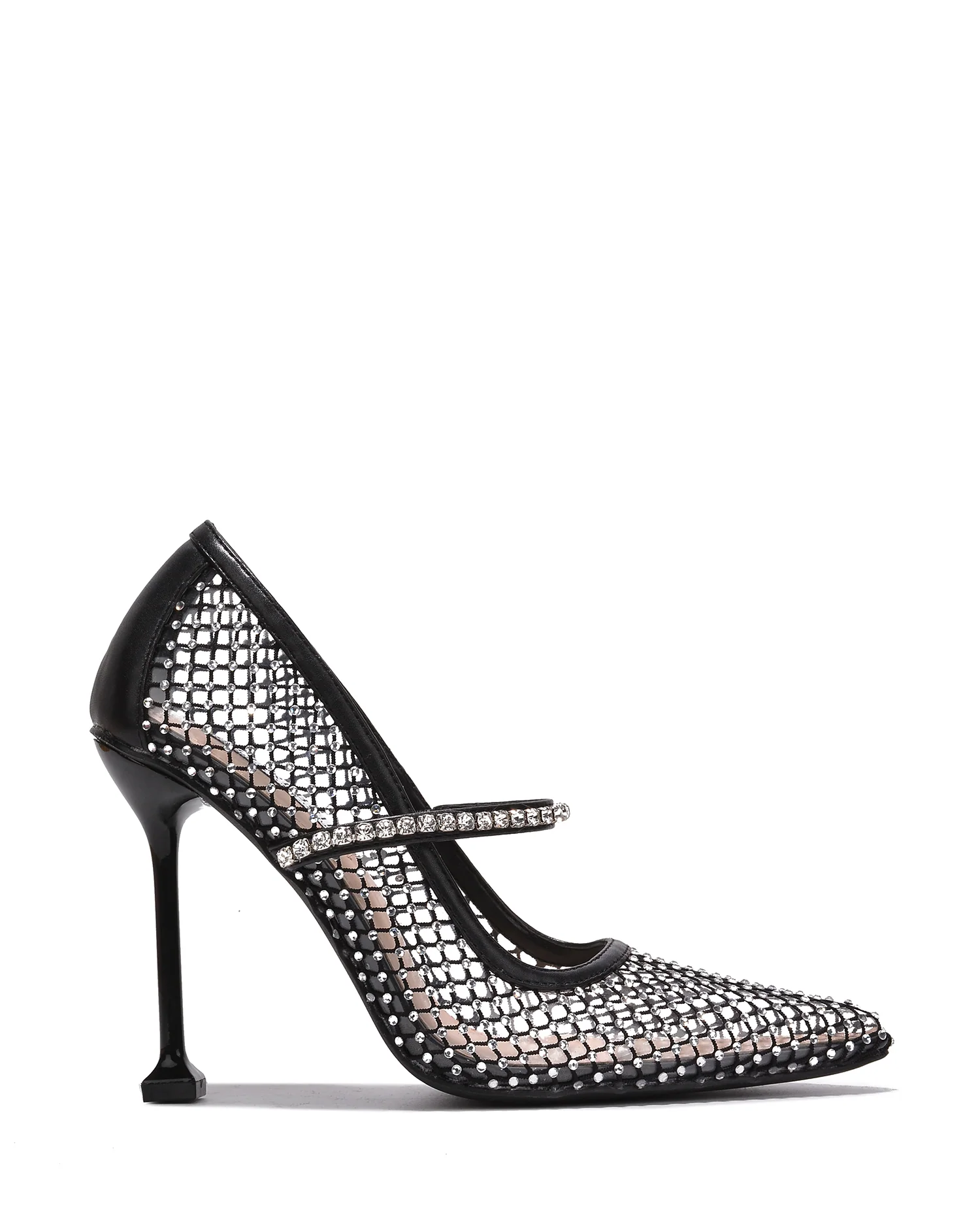 HER Embellish - Black Rhinestone Mesh Closed Pointy Toe Heel