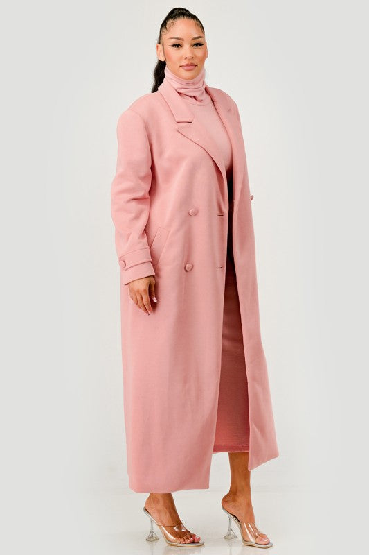 Pink Maxi Coat and Sleeveless Turtleneck Dress Set