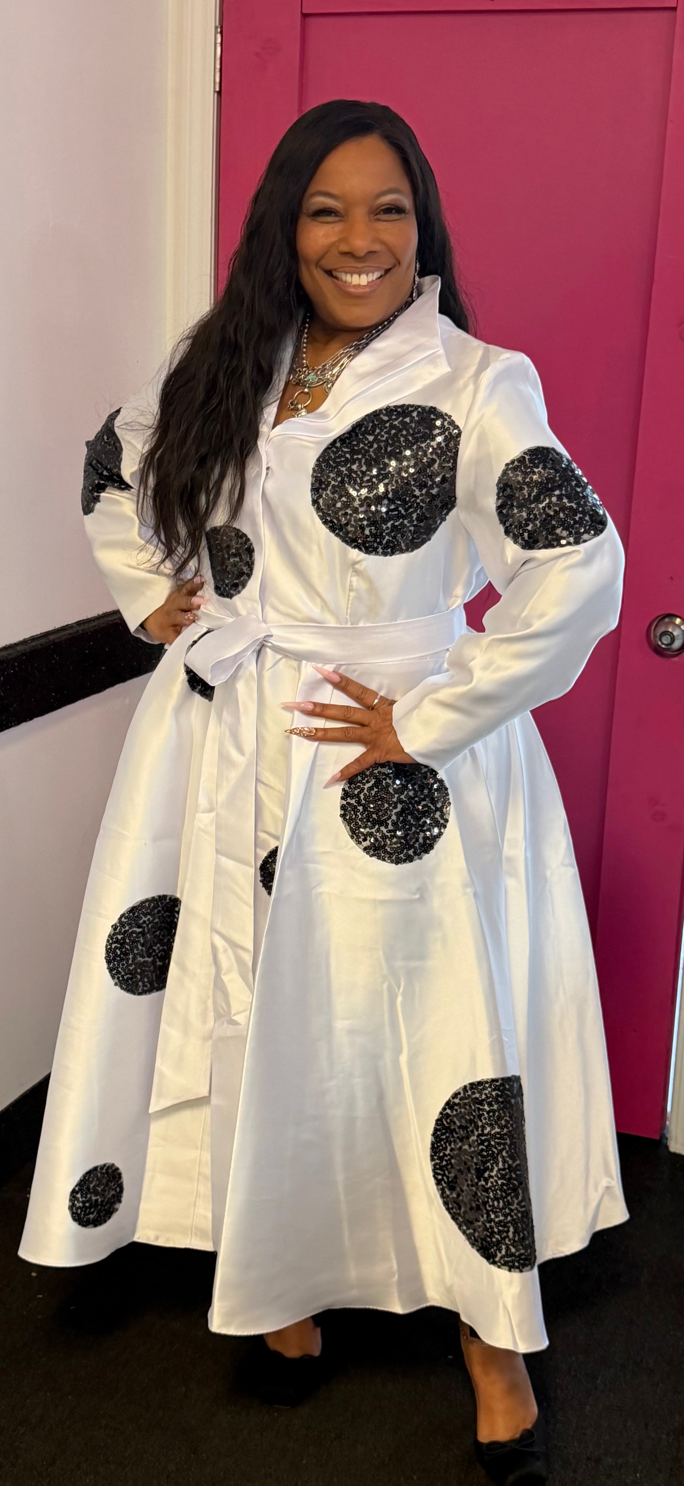 Her Black and White Sequin Dress